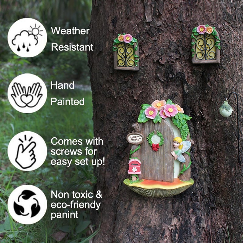 IMOFEE Fairy Door and Windows Garden Kit Accessories Outdoor, Glow in Dark Gnome House for Tree, Lawn Yard Art Sculpture, Miniature Garden Decor (Fairy) - Image 5